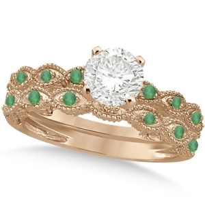 Vintage Diamond and Emerald Bridal Set 14k Rose Gold 0.70ct - All