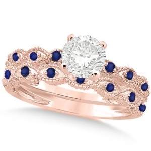 Vintage Diamond and Blue Sapphire Bridal Set 14k Rose Gold 0.70ct - All