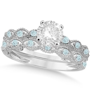 Vintage Diamond and Aquamarine Bridal Set 14k White Gold 0.70ct - All