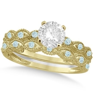 Vintage Diamond and Aquamarine Bridal Set 14k Yellow Gold 1.20ct - All