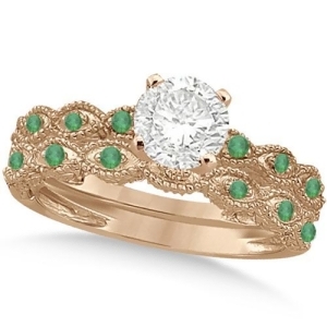 Vintage Diamond and Emerald Bridal Set 18k Rose Gold 1.70ct - All