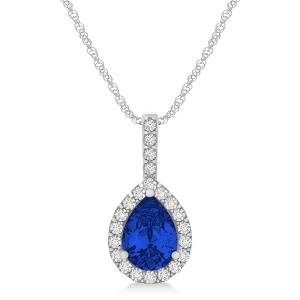 Pear Shape Diamond and Blue Sapphire Halo Pendant 14k White Gold 1.25ct - All