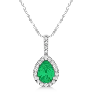 Pear Shape Diamond and Emerald Halo Pendant 14k White Gold 1.25ct - All