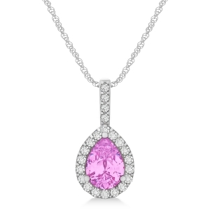 Pear Shape Diamond and Pink Sapphire Halo Pendant 14k White Gold 1.25ct - All