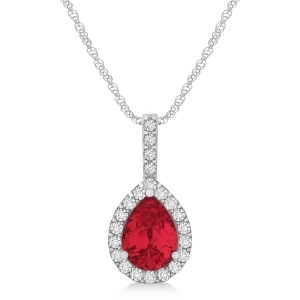 Pear Shape Diamond and Ruby Halo Pendant 14k White Gold 1.25ct - All