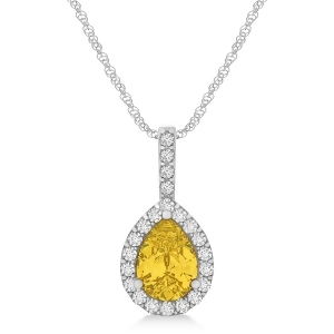 Pear Shape Diamond and Yellow Sapphire Halo Pendant 14k White Gold 1.25ct - All