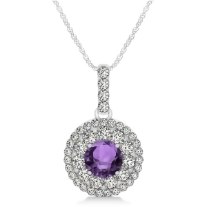 Round Double Halo Diamond and Amethyst Pendant 14k White Gold 1.21ct - All