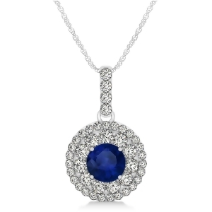 Round Double Halo Diamond and Blue Sapphire Pendant 14k White Gold 1.46ct - All