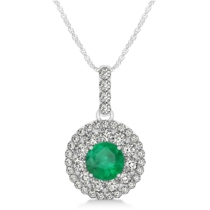Round Double Halo Diamond and Emerald Pendant 14k White Gold 1.32ct - All