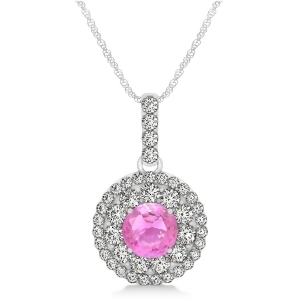 Round Double Halo Diamond and Pink Sapphire Pendant 14k White Gold 1.46ct - All