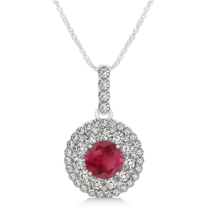 Round Double Halo Diamond and Ruby Pendant 14k White Gold 1.46ct - All