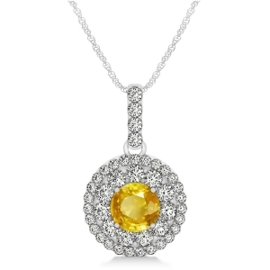 Round Double Halo Diamond and Yellow Sapphire Pendant 14k White Gold 1.46ct - All