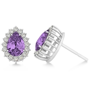 Pear Cut Diamond and Amethyst Halo Earrings 14k White Gold 0.95ct - All