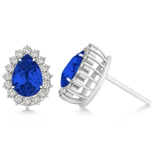 Pear Cut Diamond and Blue Sapphire Halo Earrings 14k White Gold 1.25ct - All