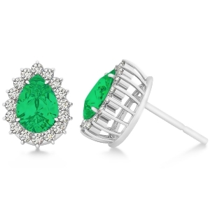 Pear Cut Diamond and Emerald Halo Earrings 14k White Gold 1.15ct - All