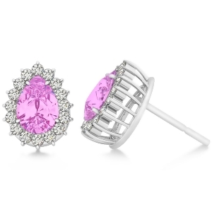 Pear Cut Diamond and Pink Sapphire Halo Earrings 14k White Gold 1.25ct - All