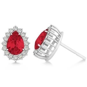 Pear Cut Diamond and Ruby Halo Earrings 14k White Gold 1.25ct - All