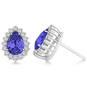 Pear Cut Diamond and Tanzanite Halo Earrings 14k White Gold 1.25ct - All