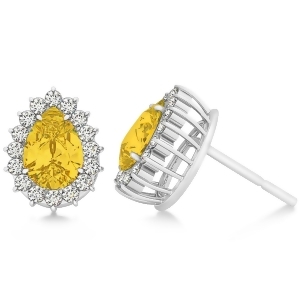 Pear Cut Diamond and Yellow Sapphire Halo Earrings 14k White Gold 1.25ct - All