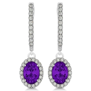 Oval Halo Diamond and Amethyst Drop Earrings in 14k White Gold 1.30ct - All