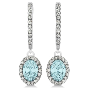 Oval Halo Diamond and Aquamarine Drop Earrings in 14k White Gold 1.20ct - All