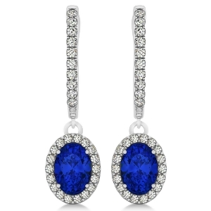Oval Halo Diamond and Blue Sapphire Drop Earrings in 14k White Gold 1.60ct - All