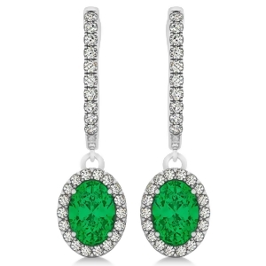 Oval Halo Diamond and Emerald Drop Earrings in 14k White Gold 1.44ct - All