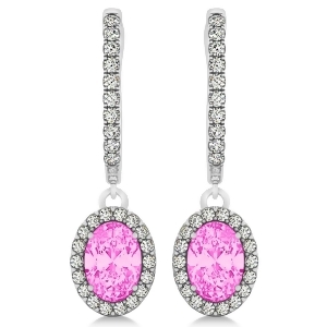 Oval Halo Diamond and Pink Sapphire Drop Earrings in 14k White Gold 1.60ct - All