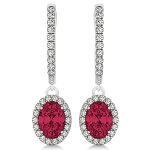 Oval Halo Diamond and Ruby Drop Earrings in 14k White Gold 1.60ct - All