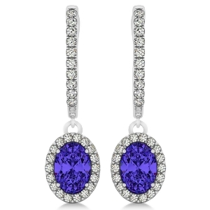 Oval Halo Diamond and Tanzanite Drop Earrings in 14k White Gold 1.60ct - All