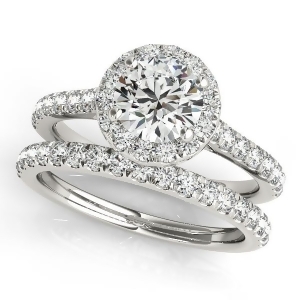 Round Diamond Halo Bridal Ring Set 14k White Gold 1.57ct - All