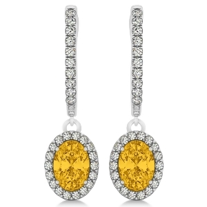 Oval Halo Diamond and Yellow Sapphire Drop Earrings in 14k White Gold 1.60ct - All