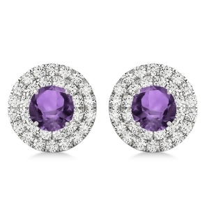 Round Double Halo Diamond and Amethyst Earrings 14k White Gold 1.25ct - All