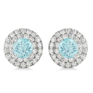 Round Double Halo Diamond and Aquamarine Earrings 14k White Gold 1.35ct - All