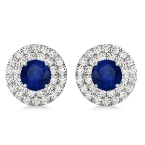 Round Double Halo Diamond and Blue Sapphire Earrings 14k White Gold 1.65ct - All