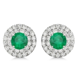 Round Double Halo Diamond and Emerald Earrings 14k White Gold 1.41ct - All