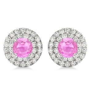 Round Double Halo Diamond and Pink Sapphire Earrings 14k White Gold 1.65ct - All