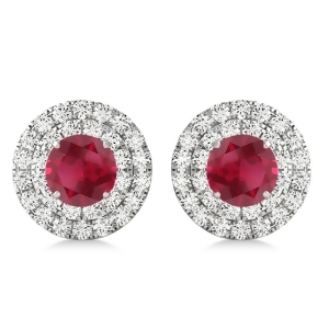 Round Double Halo Diamond and Ruby Earrings 14k White Gold 1.65ct - All