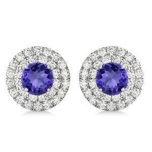 Round Double Halo Diamond and Tanzanite Earrings 14k White Gold 1.65ct - All