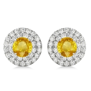 Round Double Halo Diamond and Yellow Sapphire Earrings 14k White Gold 1.65ct - All
