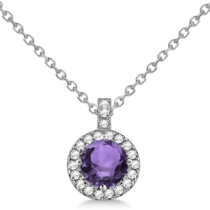 Amethyst and Diamond Halo Pendant Necklace 14k White Gold 1.83ct - All