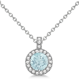 Aquamarine and Diamond Halo Pendant Necklace 14k White Gold 2.25ct - All