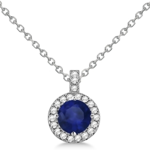 Blue Sapphire and Diamond Halo Pendant Necklace 14k White Gold 2.33ct - All