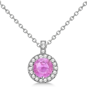 Pink Sapphire and Diamond Halo Pendant Necklace 14k White Gold 2.33ct - All