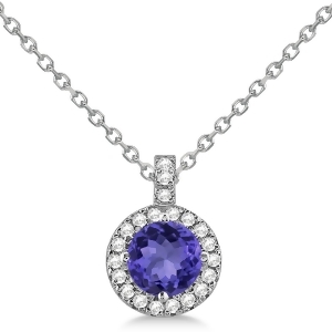 Tanzanite and Diamond Halo Pendant Necklace 14k White Gold 2.33ct - All