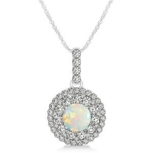 Round Double Halo Diamond and Opal Pendant 14k White Gold 1.09ct - All