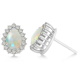 Pear Cut Diamond and Opal Halo Earrings 14k White Gold 0.69ct - All