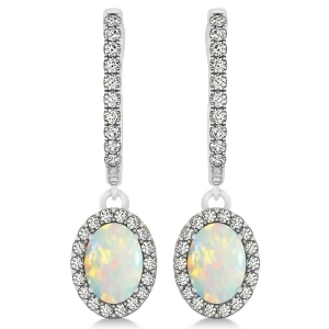 Oval Halo Diamond and Opal Drop Earrings in 14k White Gold 0.96ct - All