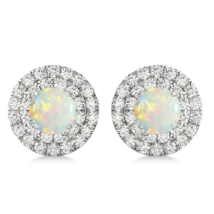 Round Double Halo Diamond and Opal Earrings 14k White Gold 1.13ct - All