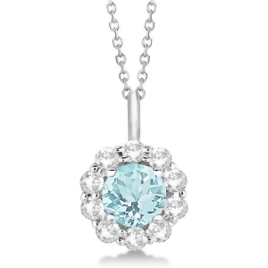 Halo Diamond and Aquamarine Lady Di Pendant Necklace 14K White Gold 1.69ct - All
